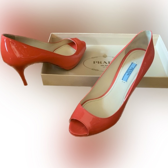 Prada 1KP159 coral patent leather peep toe pumps heels shoes 37.5 Womens 7 W Box - Picture 9 of 14